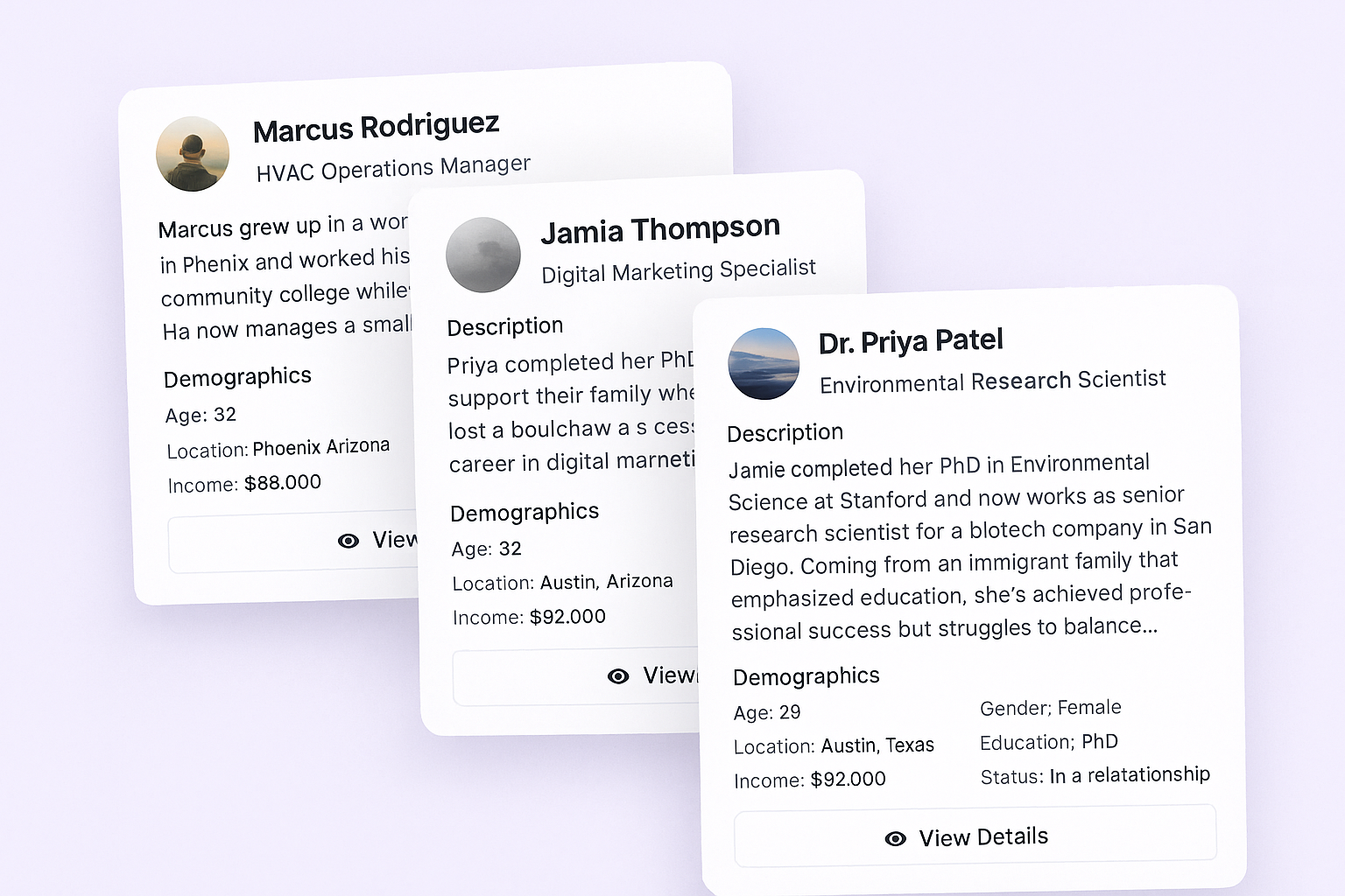 AI persona generation interface